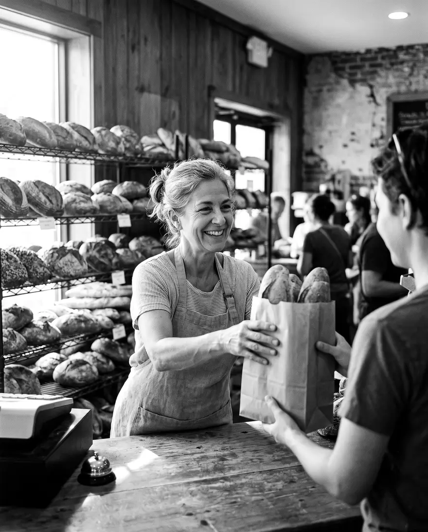 A family bakery owner handing a bag of bread across the counter